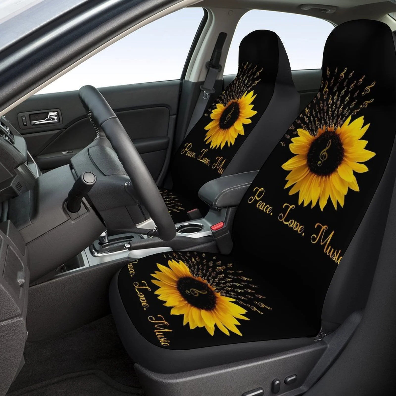 2pcs Set Fit Car Seat Covers - Black & Golden Sunflower & Sunflower Music Note Design With Golden Lettering, Breathable -Slip Fr
