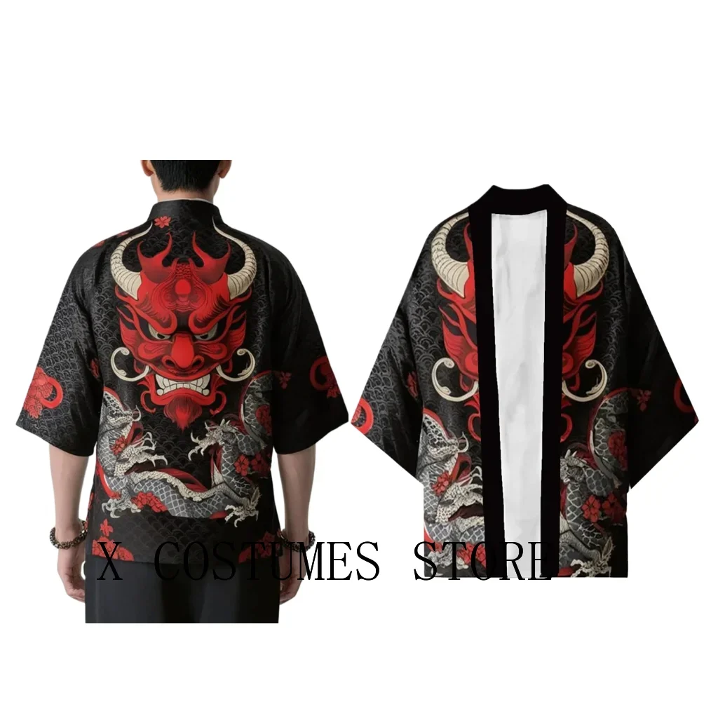 Demon Samurai Dragon Print Kimono Cardigan Japanese Kimono Yukata Harajuku Cardigan for Men Traditional Haori Kimono Women