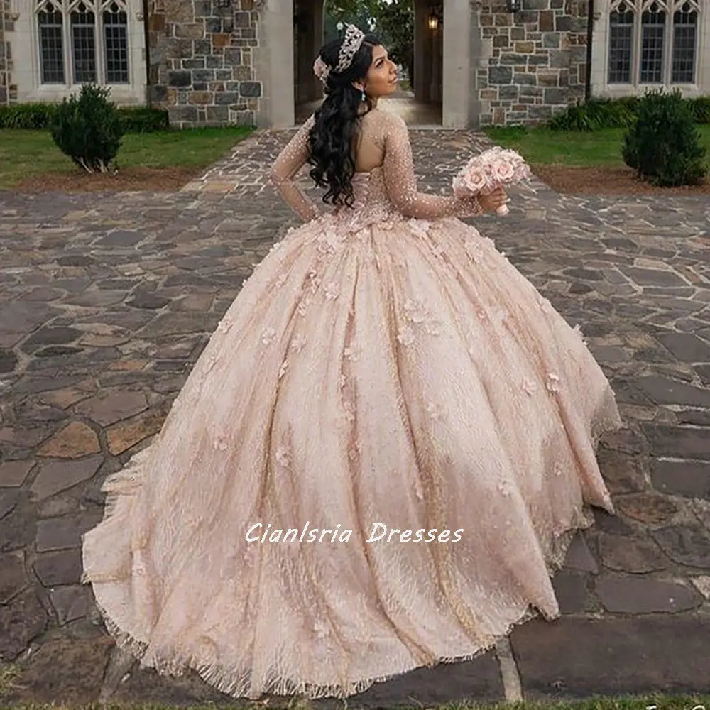 Rose Gold Long Sleeve Ball Gown Quinceanera Dresses Handmade Flowers Crystal Appliques Party Sweet 15 16 Dress Quinceañera Anos