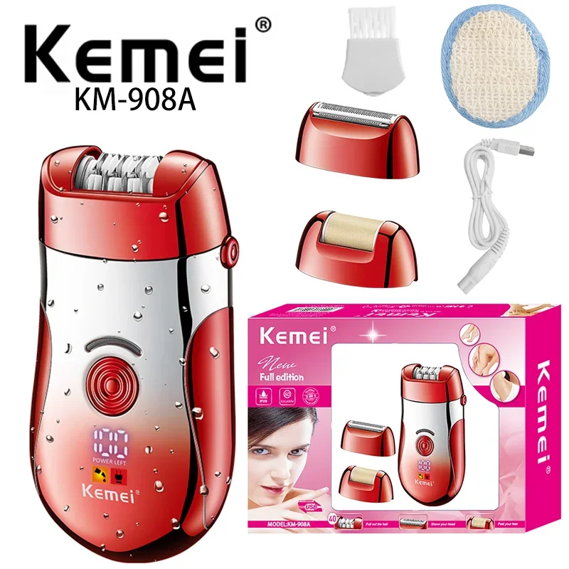 Kemei Km-908A Vrouw Haar Verwijderaar Scheermes Usb Oplaadbare 3 In 1 Vrouwen Ontharing Elektrische Scheermes Voor Ontharing