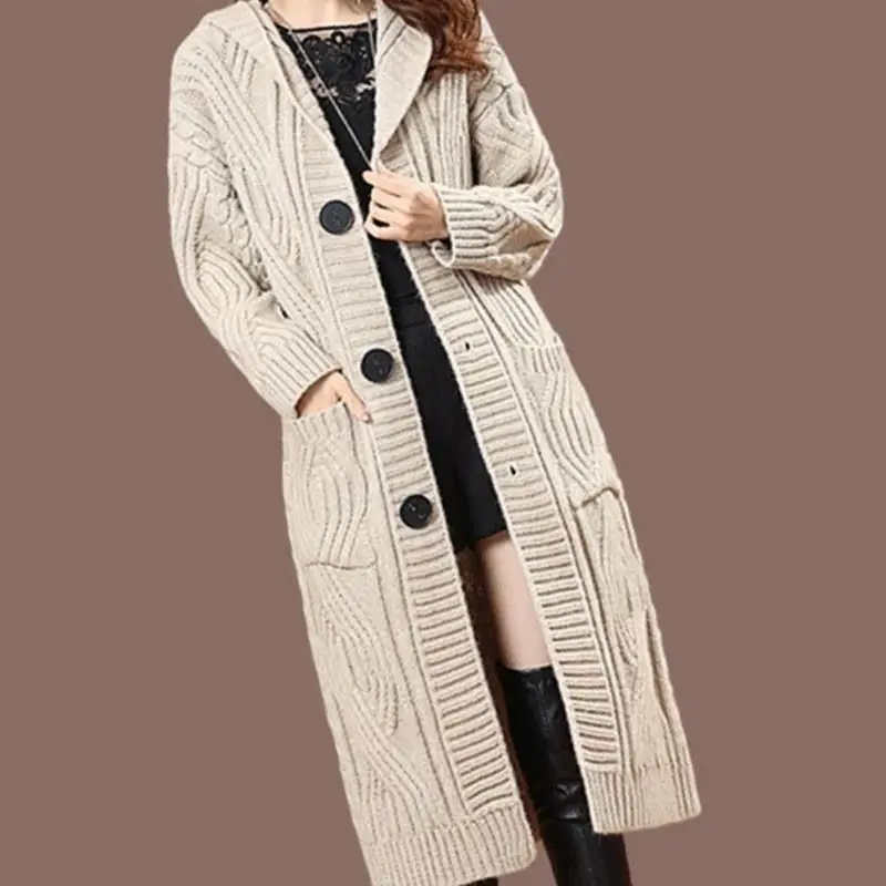 2024 Winter Large Size Hooded Mid-long Knitted Cardigan Thick Sweater Coat Solid Color Loose Over The Knee Women\'s Wear Clothing