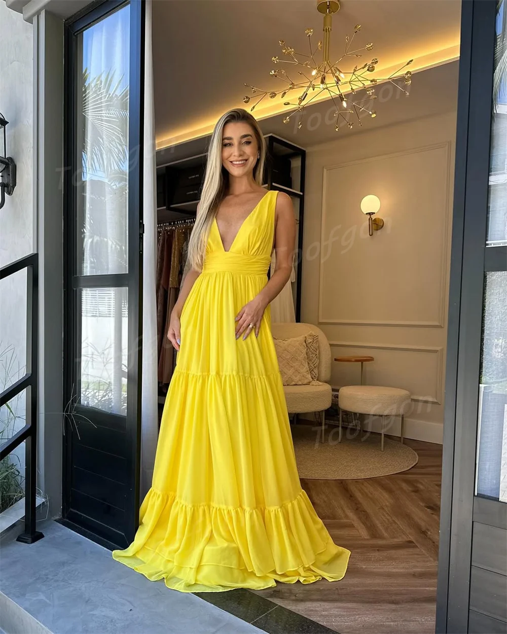 Toofan сексуальные желтые шифоновые вечерние платья с v-образным вырезом, индивидуальное многоуровневое пляжное платье со рюшами для особых случаев, женское платье для выпускного вечера
