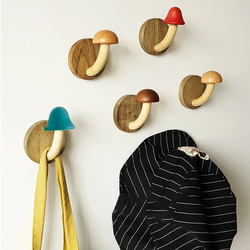 Wooden Mushroom Hook Clothes Hats Holder Non Perforated Solid Nordic Raw Wood Wall Key Hanger Door Storage Hook Home Decoration