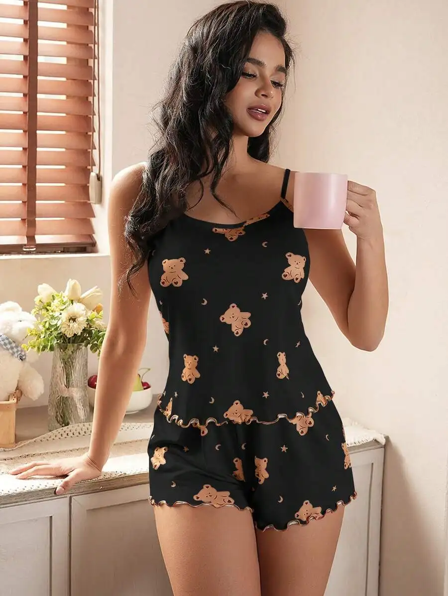Bear And Star Print Ruffle Trim Camisole Shorts Sleepwear Set For Women