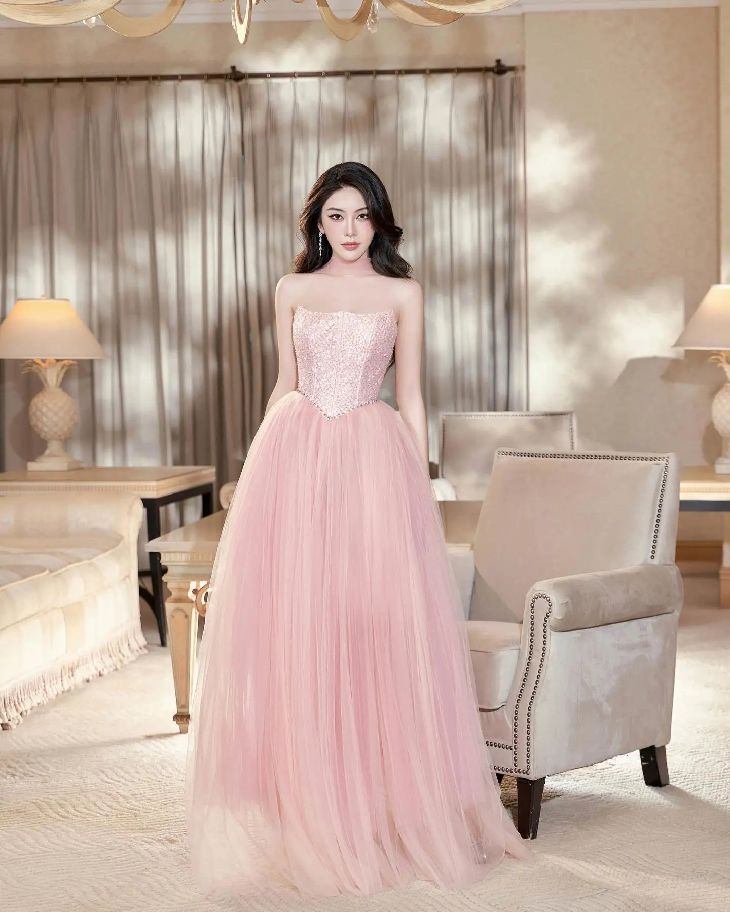 

Customized Classic A-Line Floor Length Strapless Tulle Sleeveless Crystal Evening Dress Elegant Photo Color vestidos para mujer