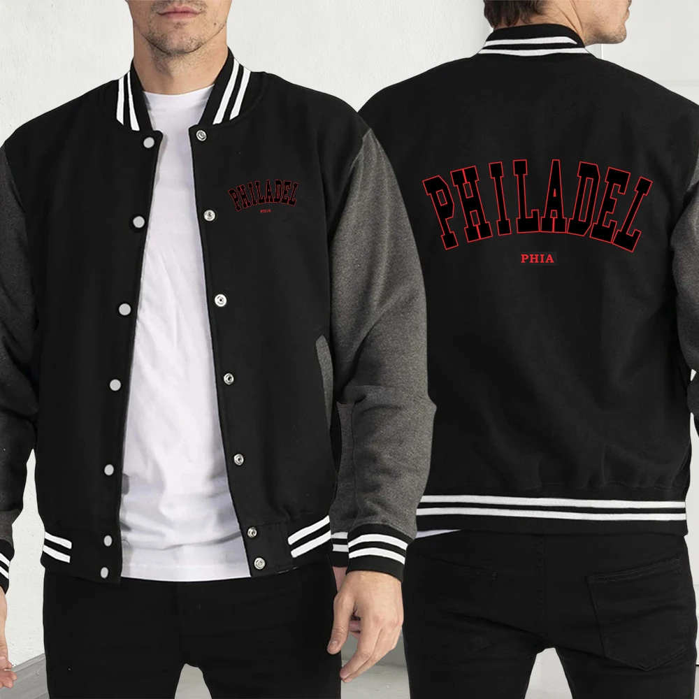 

Philadelphia Phia Print Men Jacket Hip Hop Y2K Menswear Creativity Fleece Baseball Jersey Street Fashion Casual Clothing