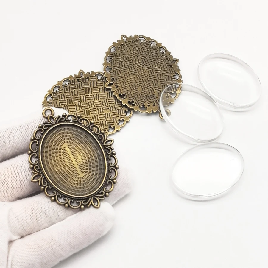 3 Sets Antique Bronze Flower Necklace Pendant Jewelry Making Tone Alloy Rectangle Cameo Setting Tray And Glass 61*48*8mm Pendant