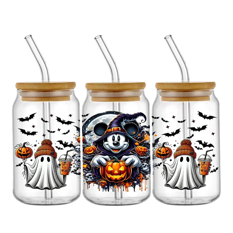 Disney Halloween Mickey Minnie Dessie UV DTF Cup Wraps, pegatina de transferencia para botella de vidrio de 16OZ, lavable, personalizado