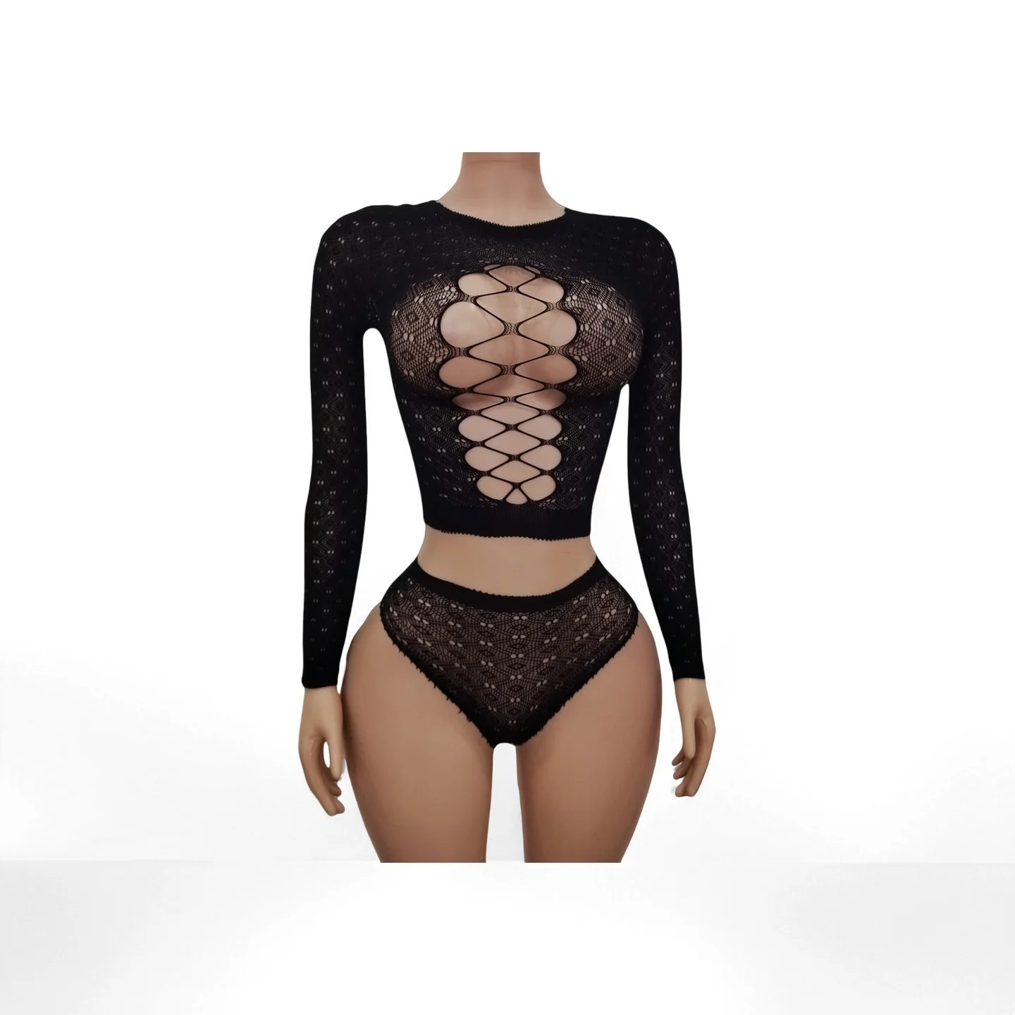 Women's Sexy Long Sleeve Mesh Lingerie Set with Hollow out And Hole Design Triangular Pants Adult Playful Sleepwear