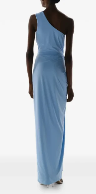 Light Blue One Shoulder Maxi Dress Stone Ring Detail Waist Twist Ruched Side Slit Formal Evening Gown