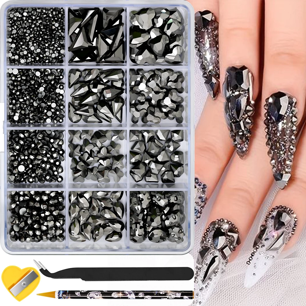 12 Grids Shiny Gold Glass Nail Rhinestones Set Multi Shapes Flatback Gems Crystal 1500Pcs+ Manicure Diomand Gemstones 1mm-8mm