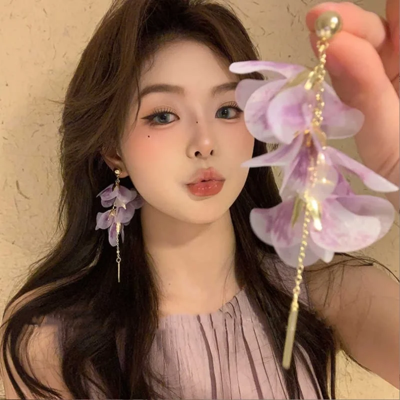 Romantic Sweet Purple Petal Tassel Earrings For Women Mujer Fashion Yarn Mesh Flower Earrings Wedding Party Vacation Jewelry