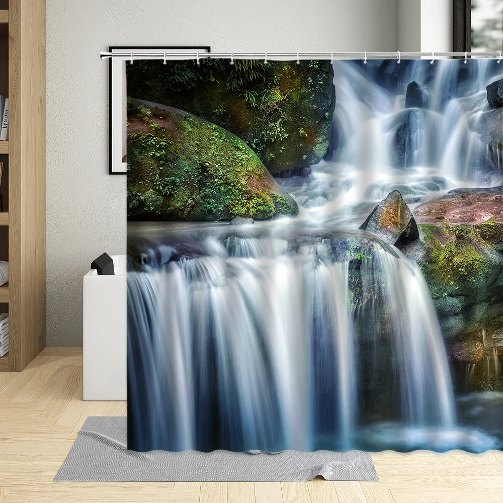 Waterfall Scenery Shower Curtain Forest Rock Landscape Spectacular Printing Pattern Bathroom Home  Polyester Washable With Hook