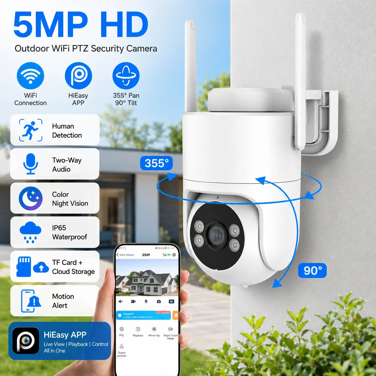 5MP Outdoor WiFi PTZ Security Camera AI Human Detection Auto Tracking Full Color Night Vision Wireless CCTV Home Surveillance