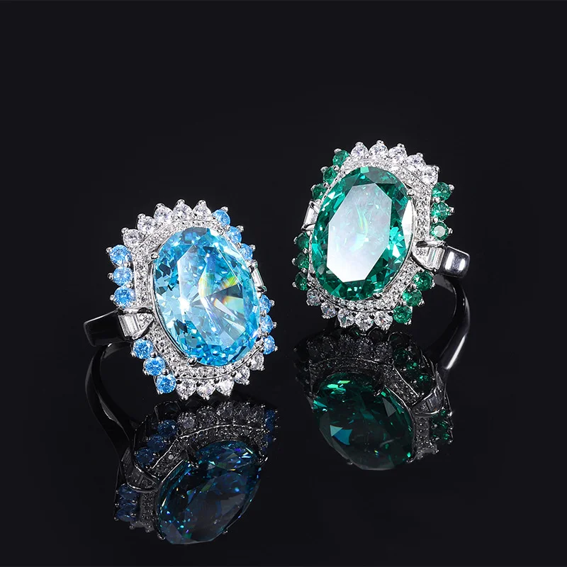 genuine Luxury brand real jewels S925 Full Body Silver Shake Tone High Carbon Set Diamond Emerald Sea Blue Treasure Dan 13 * 18