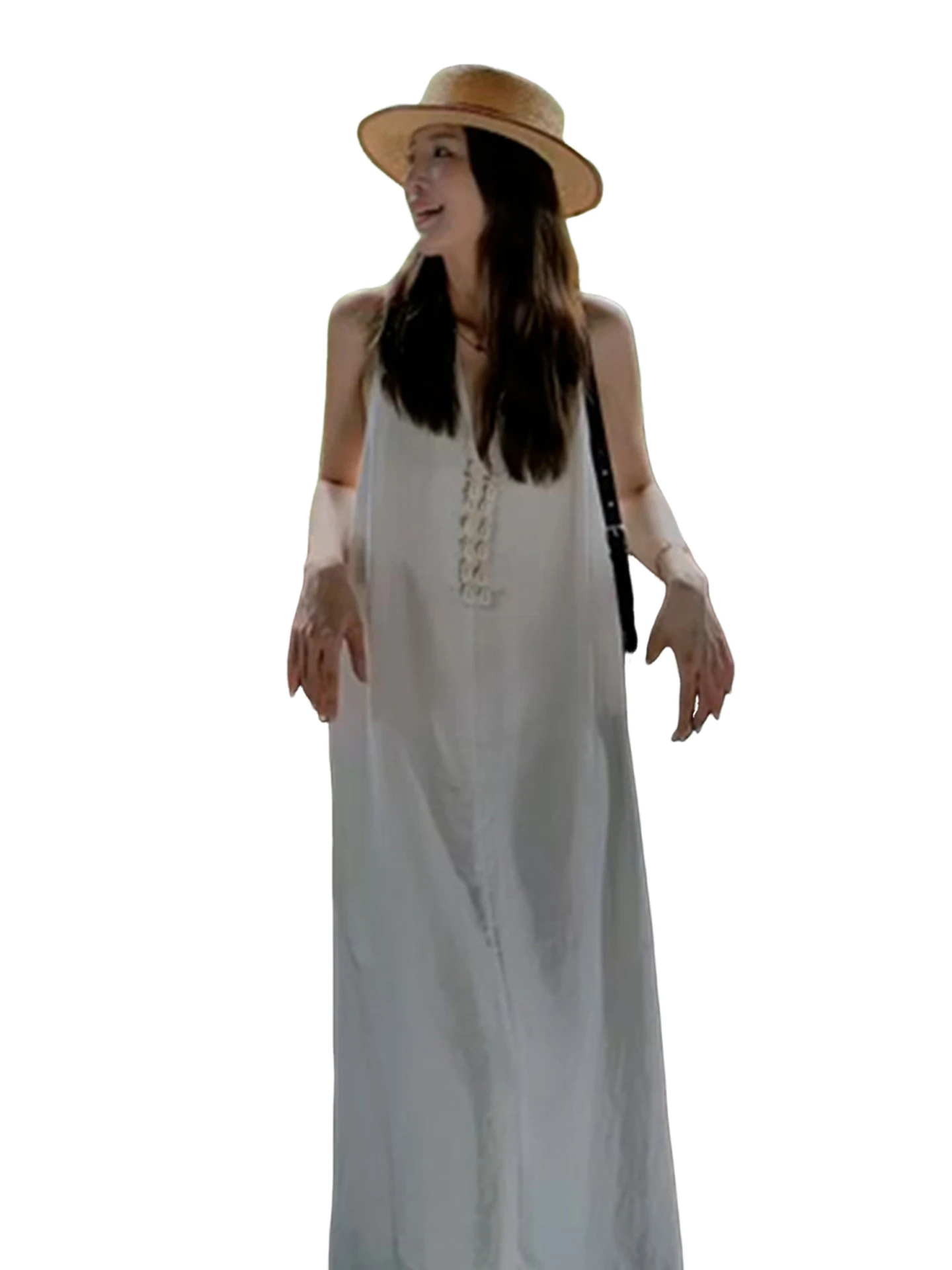 White Svel V-Ne Dr Women's Summer 2025 New Beach Vaion Sle Beautiful Beach Long Dr Casual High Waist Polye...