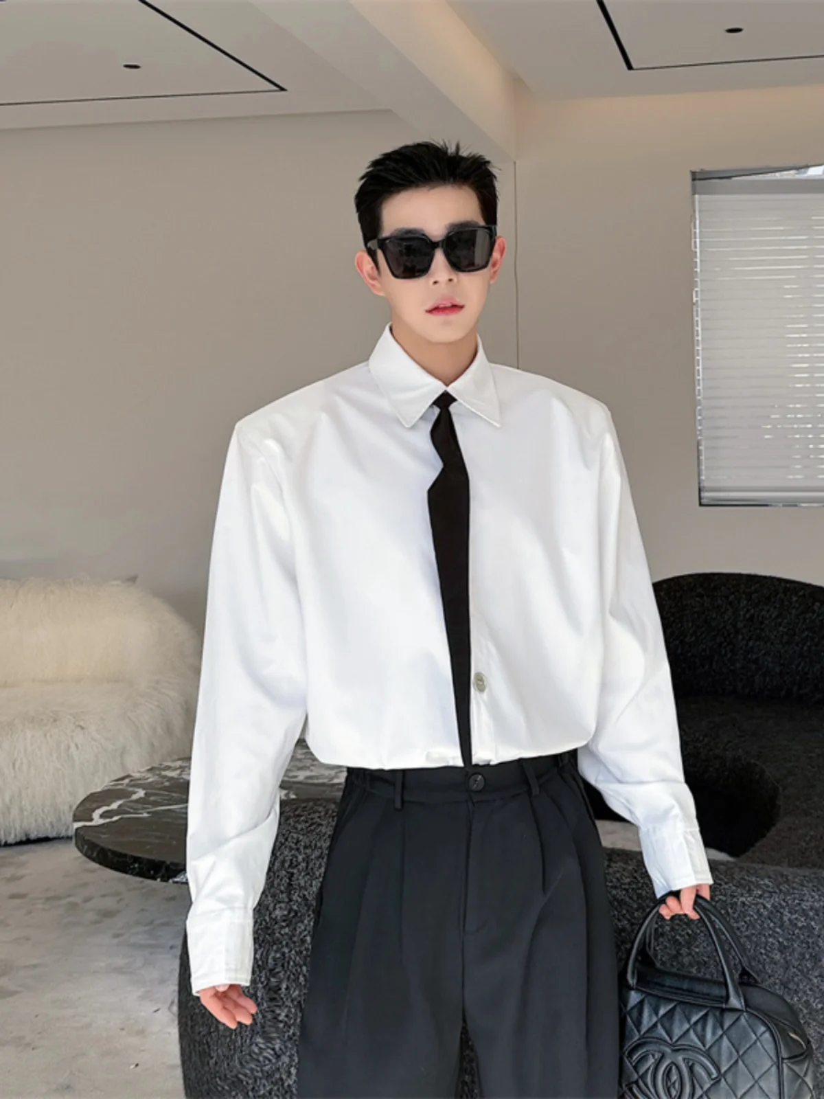 

Detachable Netie Design Loose Long Sve Men's irt oulder Pads Korean Sle Trendy And Haome Stand Fit irt