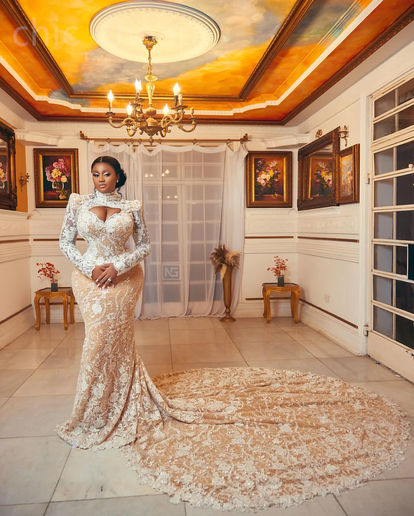 Champagne African Wedding Dresses Black Girls Mermaid Long Sleeves Lace Aso Ebi Bridal Gowns Vestido De Novia Customized