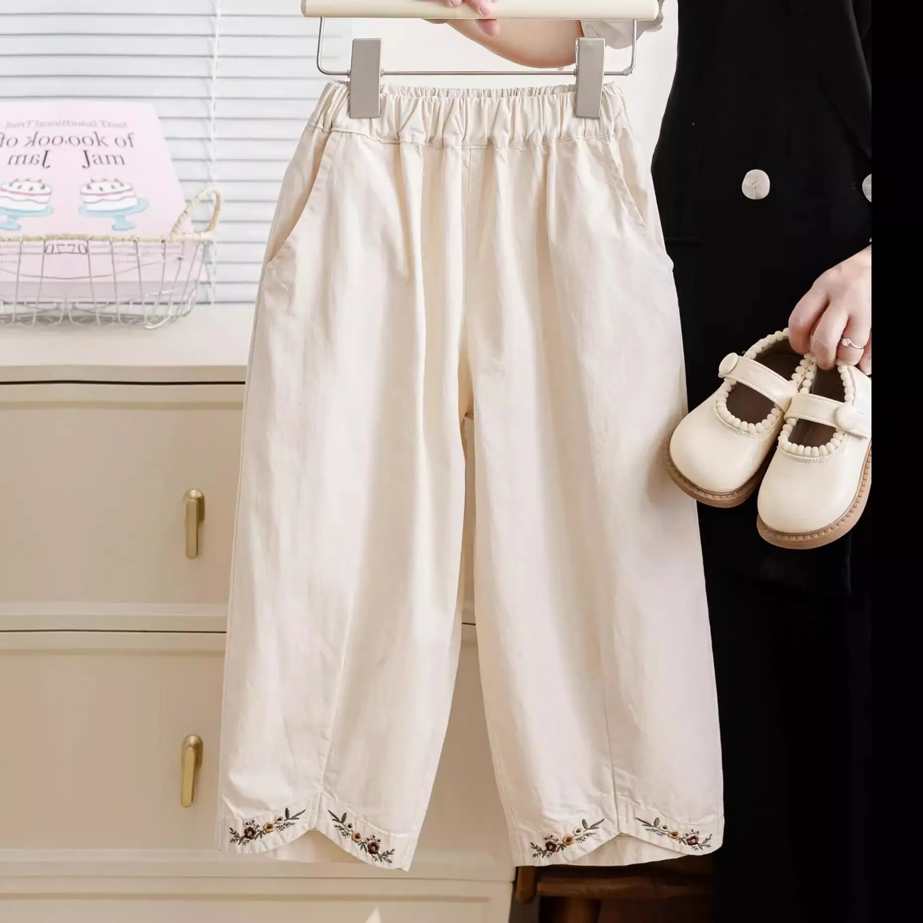Girls' Embroidered Lace Trim Trousers Spring Summer Korean Country Garden Style Loose Fit Breathable Versatile Everyday Wear​