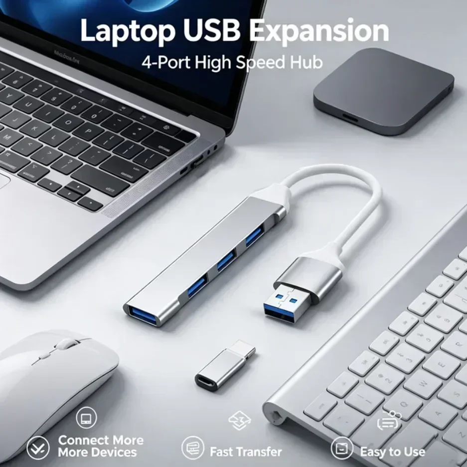 High Speed USB 3.0 Hub 4 Port Aluminum Ultra Slim Splitter for Laptop Notebook Desktop PC Multiple Devices Expander