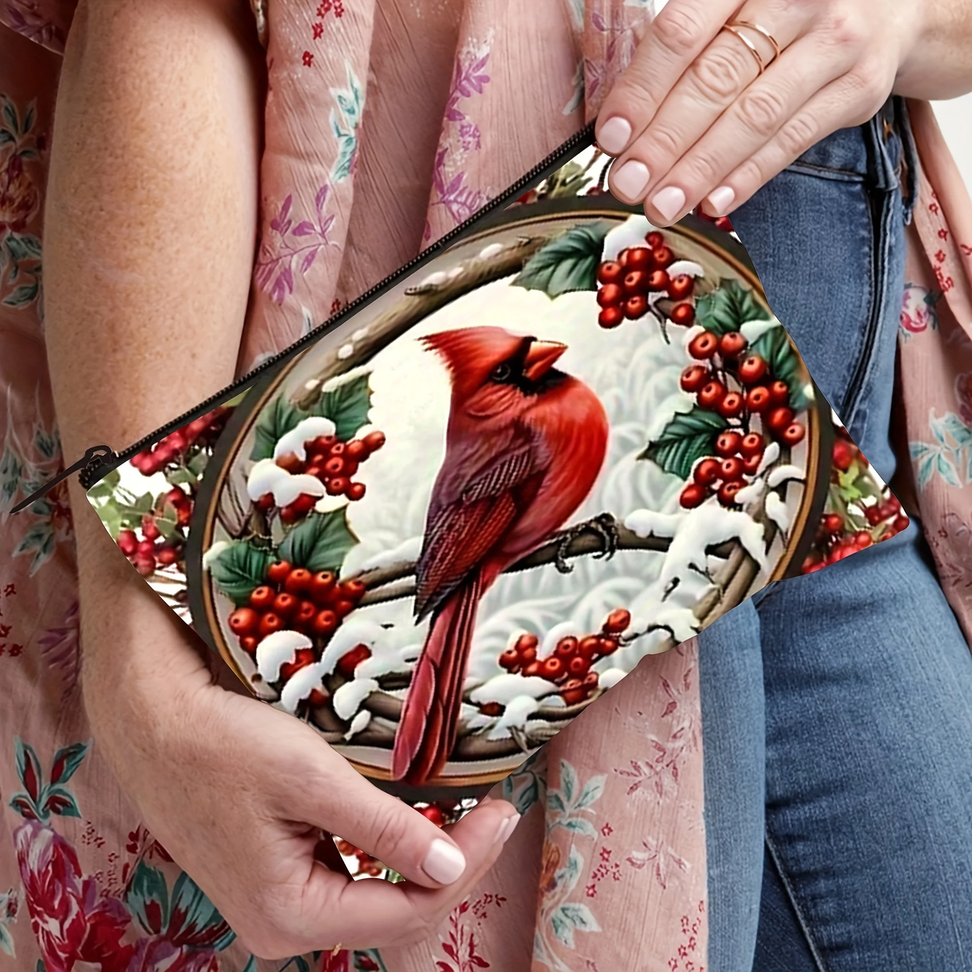 1pc Zipper Pouch with Red Cardinal Bird & Berry Branch Design - Food Storage Pouch for Men & Women, Mixed Colors,Pouch Bag