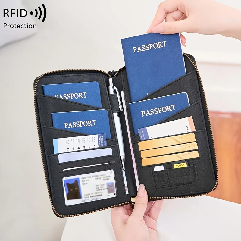 Premium Rfid Shielded Passport Holder Multi Compartment Travel Wallet Large Capacity Document Organizer Business Outdoor Use
