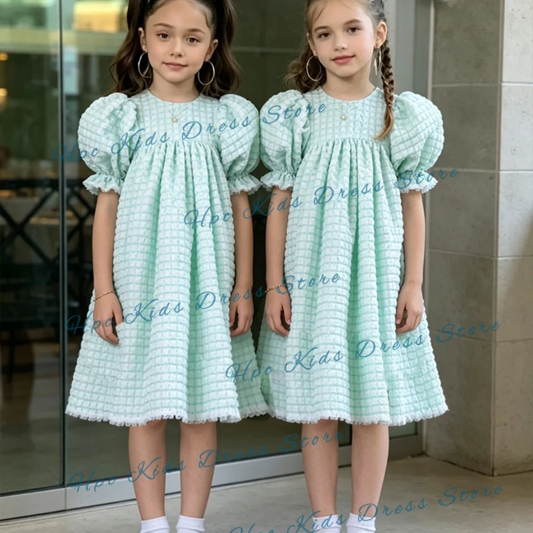 Girls' Mint Green Plaid Cotton Puff Sleeve Flower Girl Dress with Ruffle Hem, Summer Casual Party Wear, Suitable for Children Ag