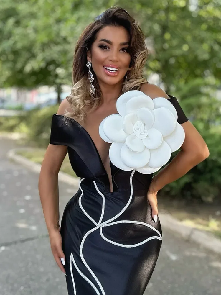 2024 New Women Celebrity Sexy Off Shoulder White Flower Black Midi Bodycon Bandage Dress Elegant Evening Club Party Dress