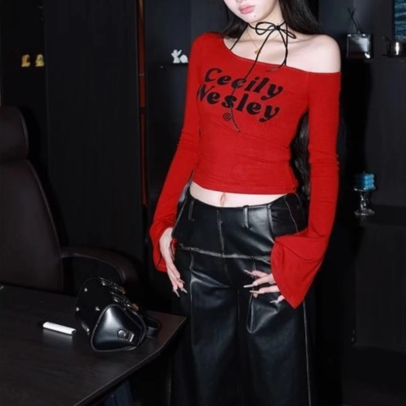 

Harajuku Skewn Collar Long Flare Sleeve T Shirts Y2k Aesthetic Side Lace Up All Match Women Clothes Fashion Korean Punk Tops