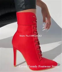 Fashion Suede Stiletto Heel Short Boots Pointed Toe Red Green Yellow Blue Lace-up Thin Heel Ankle Booties Big Size Heels