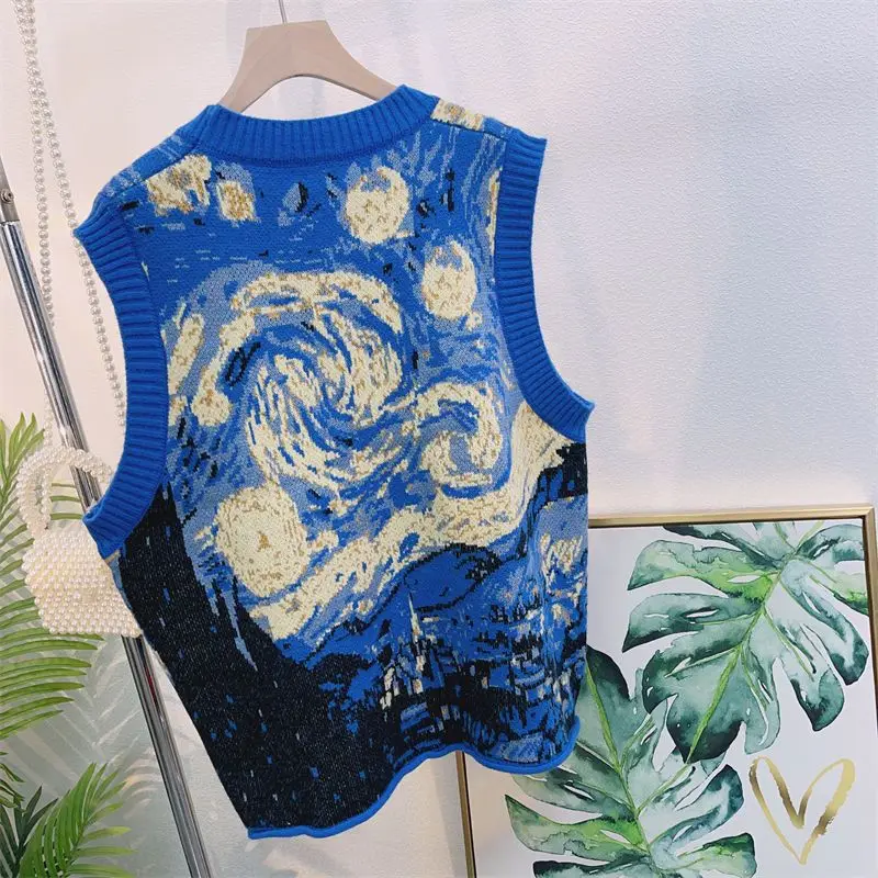 Gogh oil painting autumn and winter new niche design sense knitted sweater vest sleeveless pullover sweater vest ins jacket
