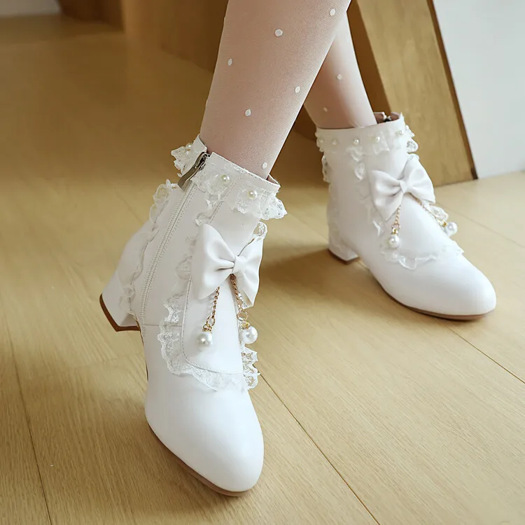 المرأة لطيف لوليتا الجوارب الجانب سستة حذاء بكعب سميك جولة تو الدانتيل Bowknot حذاء من الجلد الفتيات تأثيري فستان الحفلات أحذية موحدة #1