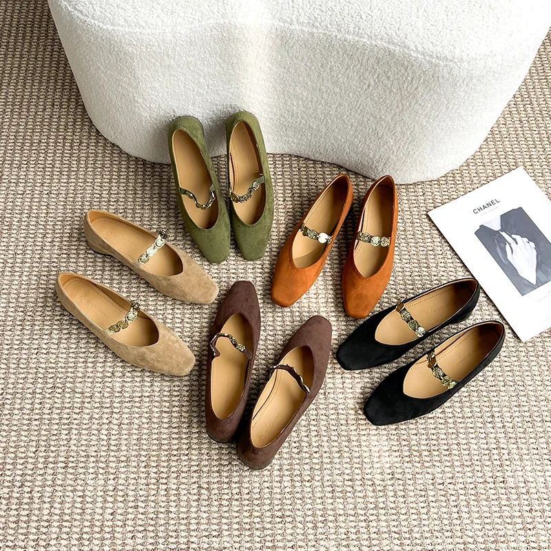 Brown Suede Shallow Women Flats Square Toe Metal Chains Spring Mary Jean Single Shoes Khaki Party Sapatos Femininos Espadrilles