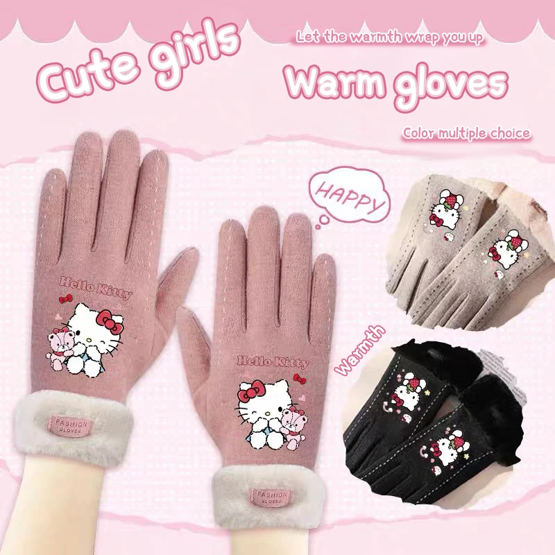 Kawaii Hello Kitty Thermal Glove Touch Screen Sanrio KT Cat Warm Windproof Thicked Full-finger Gloves For Running Cycling