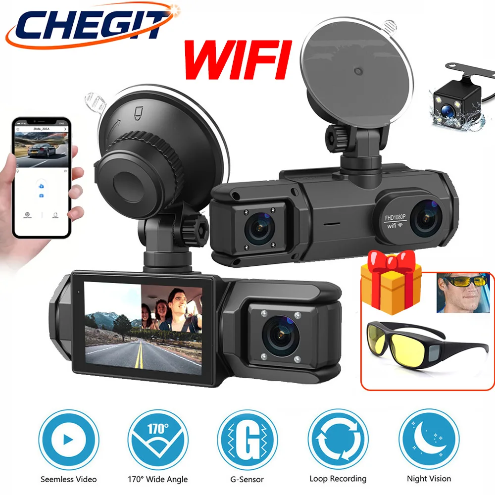 3 Channel WIFI APP Dash Cam for Car 1080P Video Recorder 2/3LENS Front /Rear Camera Dashcam Black Box Car DVR With Gift Glass