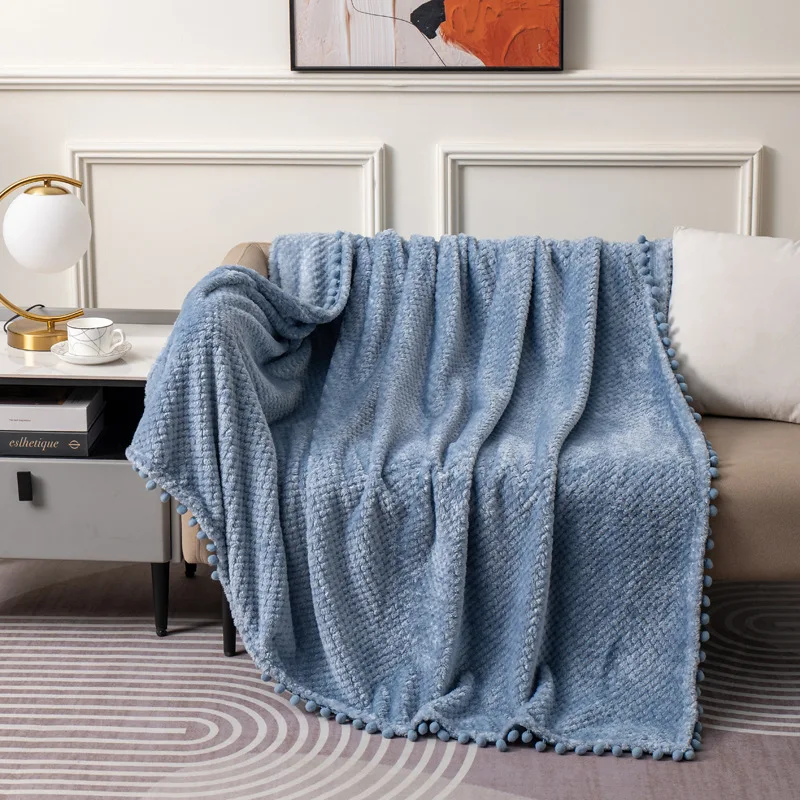 

Plaid Tassel Ball Coral Fleece Blanket Four Season Universal Sofa Cover for Office Napping Solid Simple Queen Double Bedspread