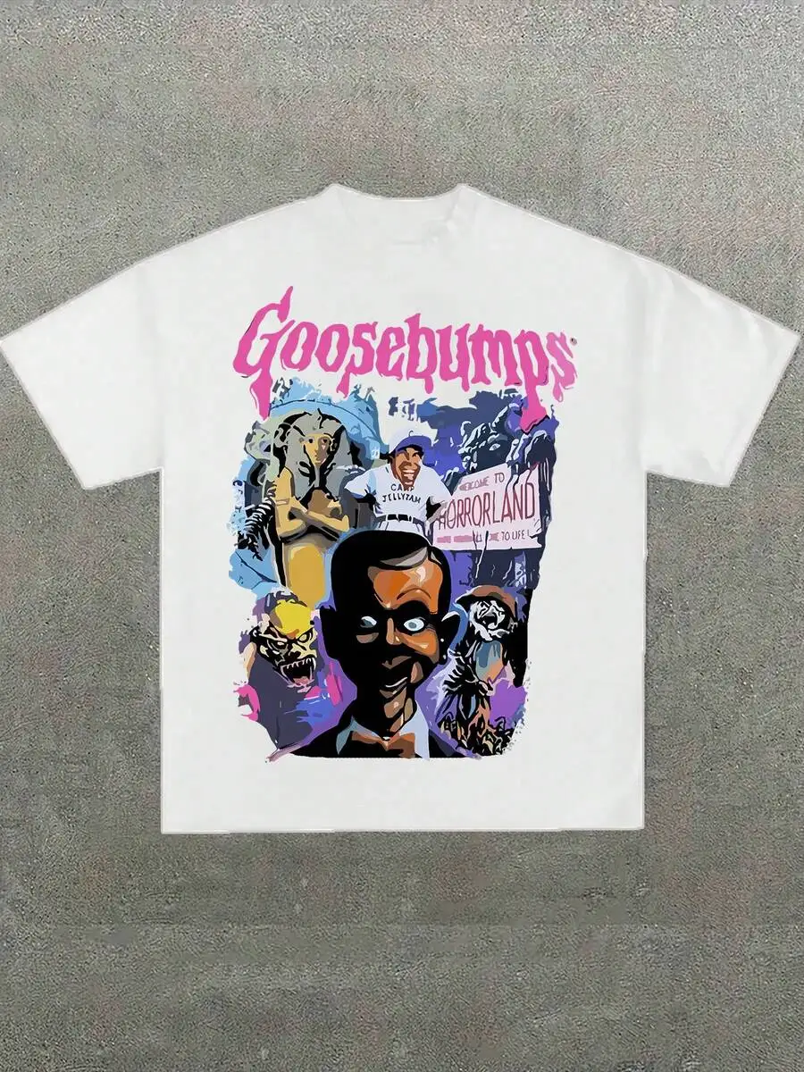 Plus Size Men's,Goosebump.S Officially Licensed Welcome To Horrorland Graphic ,(1 Pcs )100% Cotton Casual Printed T-Shirt,Crew Neck Short Sleeve