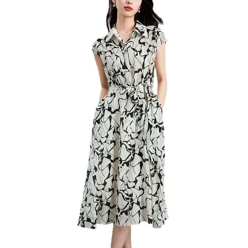 Silk Young Women's Dr Summer Faion Loose Breathable High-end  Silk Floral Midi irt Dr A-Line Skirt ort Sl...