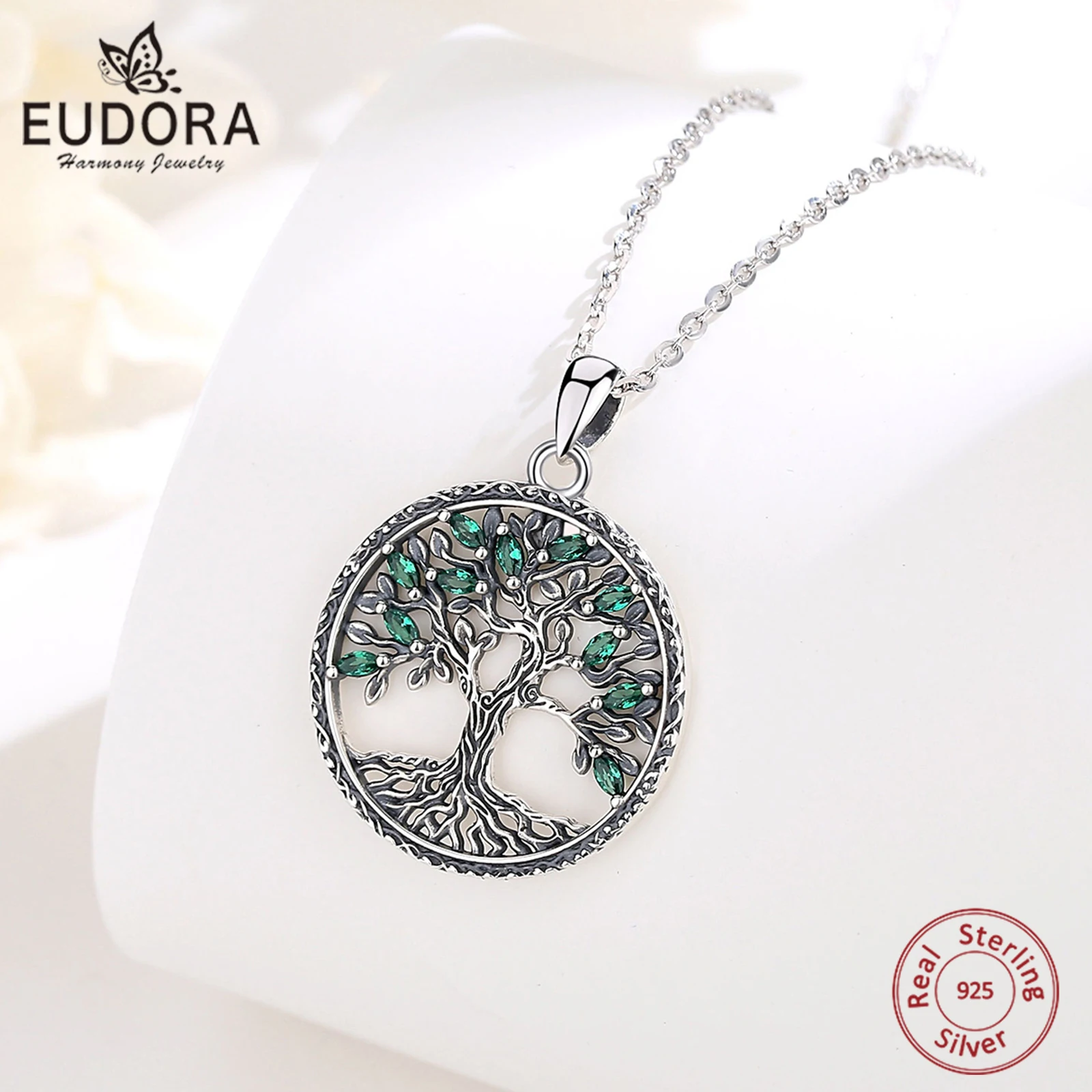 Eudora 925 Sterling Silver Tree of Life Necklace for Women Green Zircon Yggdrasil Pendant Tree Jewelry Gift for Mom and Grandma