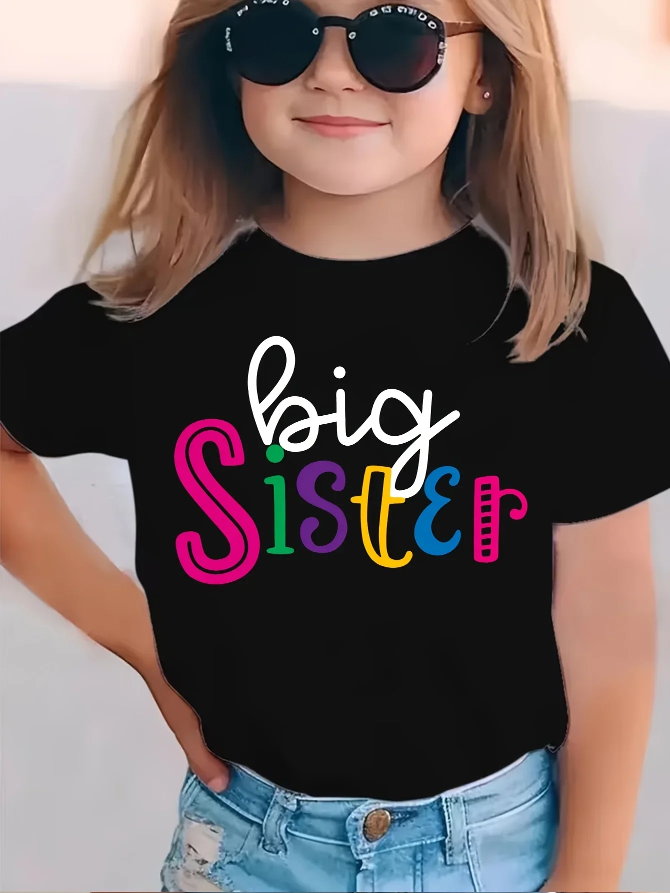 Colorful Big Sister Letter Graphic Kids T Shirt Short Sleeve Sibling Reveal Print Girls Summer Holiday Tee Tops