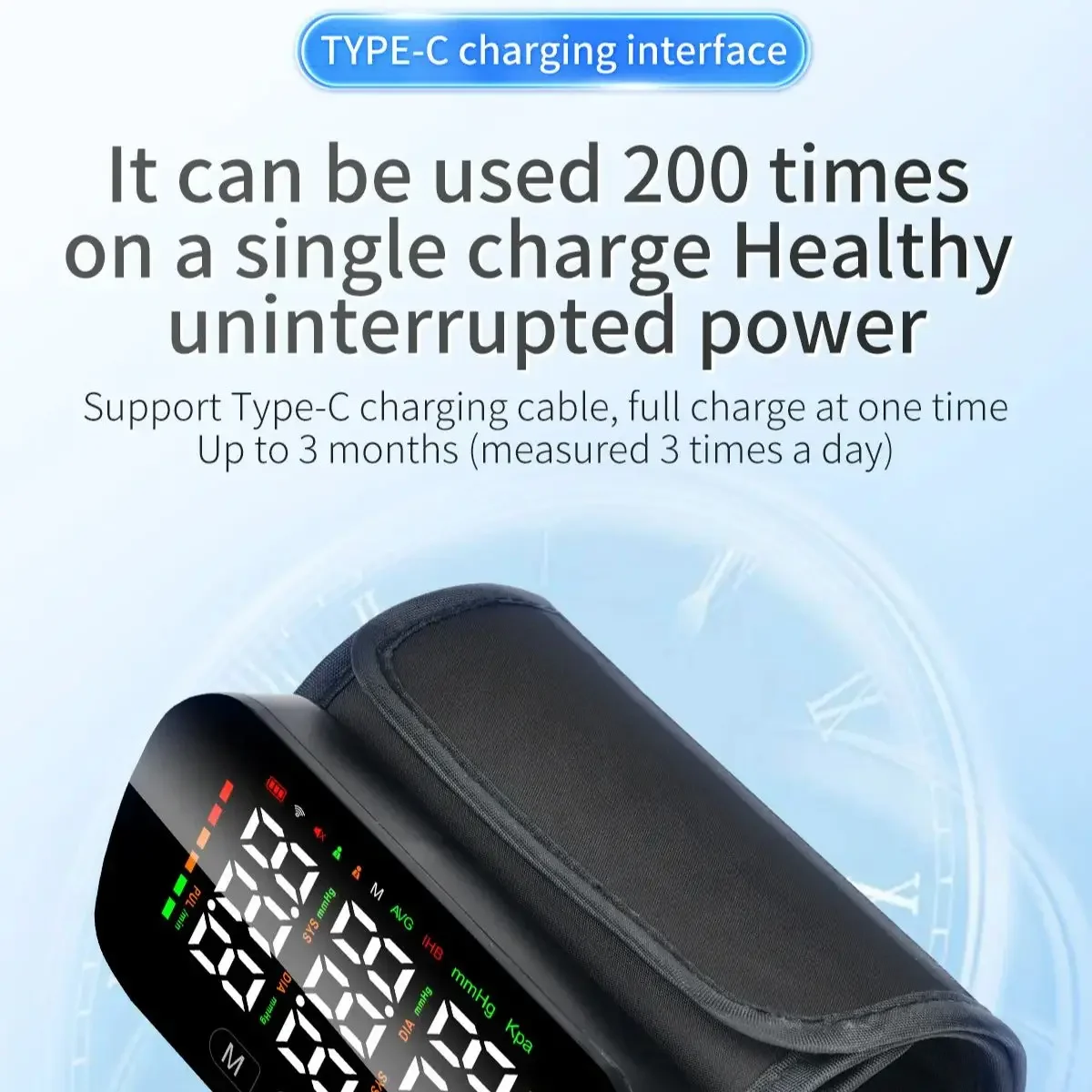 WiFi Bluetooth Upper Arm Integrated Blood Pressure Monitor LCD Large Display Screen Voice Broadcast YTYPE-C Multi Data Storage