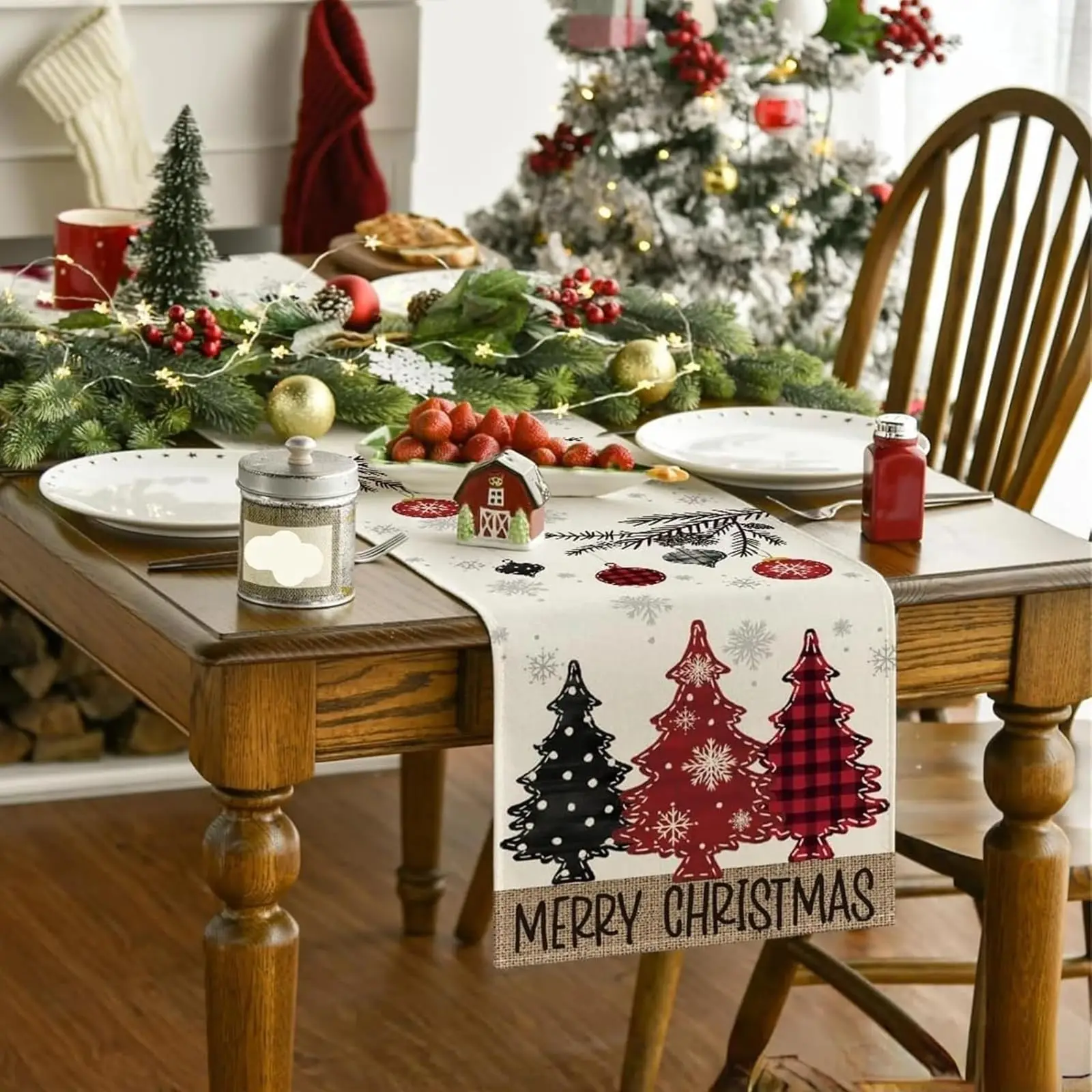 Christmas Table Runner, Christmas Tree Pine Branch Red Berry Pattern, Art Seasonal Fall Table for Party Kitchen Dining Decor