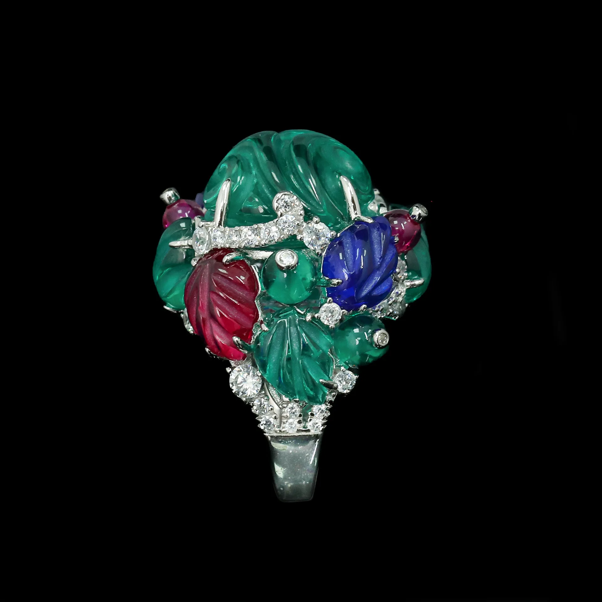 Bellux 925 Silver Plated 18k Gold Synthetic Zircon Colorful Carving Gemstones Luxury Ring Party Dinner Anniversary Gift Jewelry