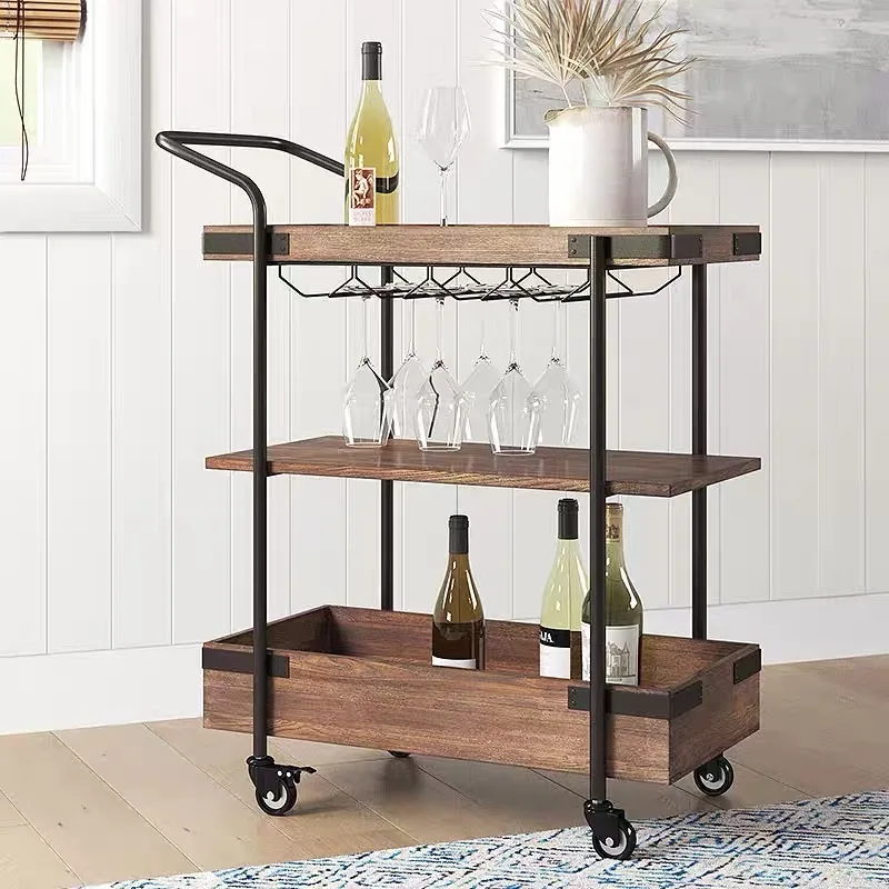 Family dining cart retro bar catering mobile trolley modern Chinese wine bottle storage trolley