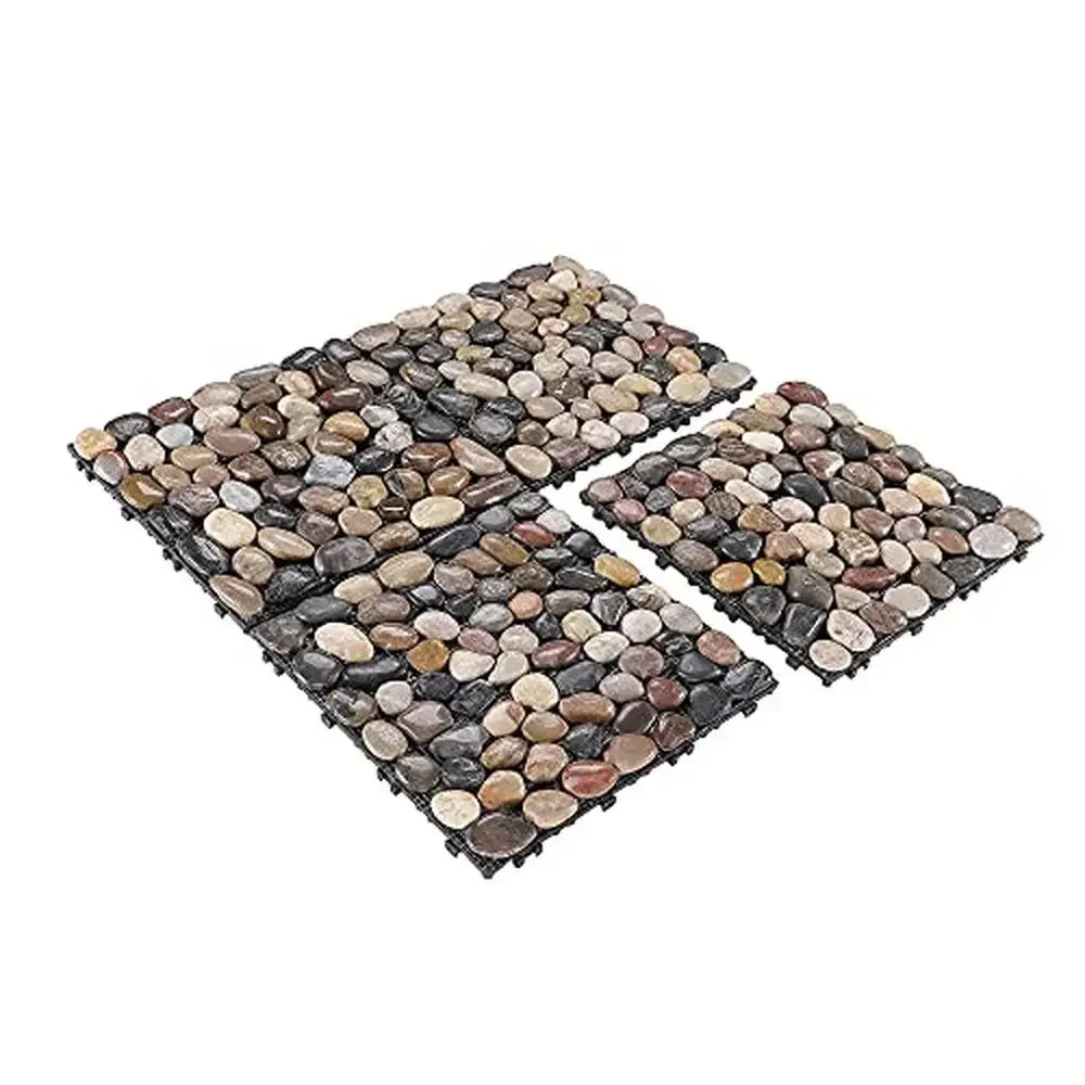 

Pebble Interlocking Floor Tiles Polished Stone Outdoor Indoor Use 12x12 4Pcs 4 sq. Ft Mixed Color Resistant Easy Install All