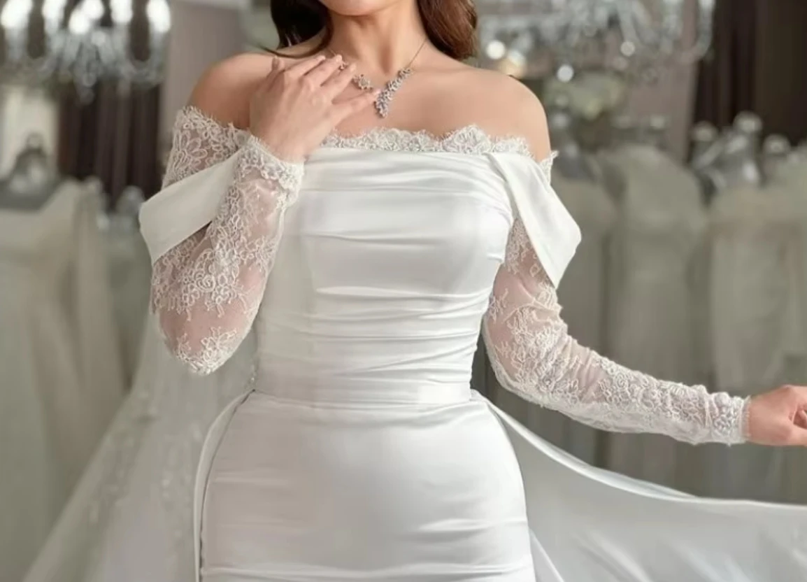 Eightale Boho Wedding Dresses Strapless Long Sleeves Customized Satin Mermaid Lace White Bridal Gown Vestidos De Novia