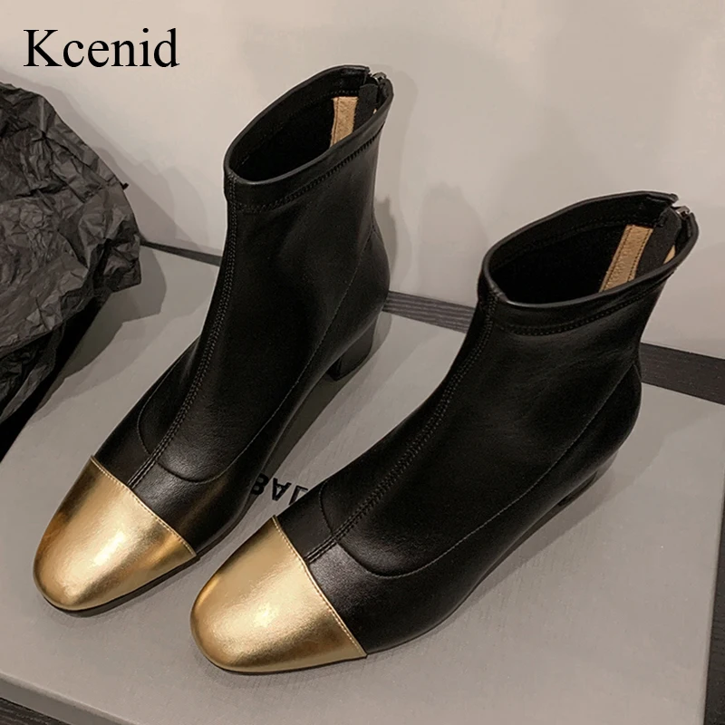 Kcenid High Quality Stretch Slim Ankle Boots Women Gold Round Toe Square Heeled Women's Boots Zipper Ladies Shoes Autumn Winter