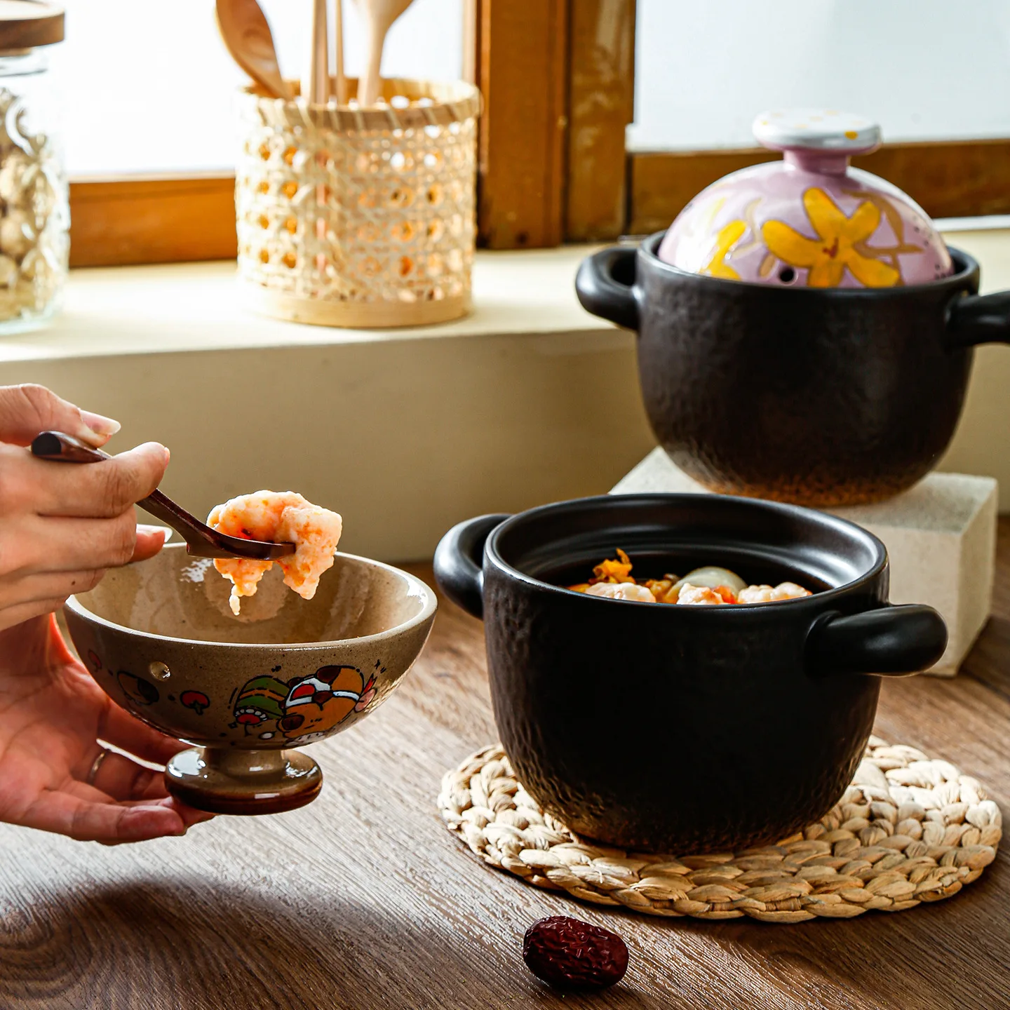 Hand-painted Spodumene 2-in-1 Soup Bowl & Casserole with Pot Cover New Chinese Style Gas Stove Special Stew Pot for Home