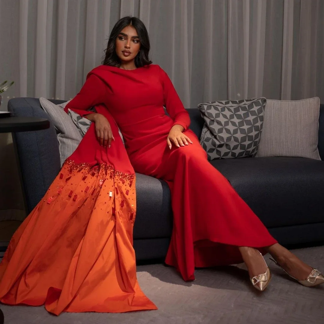 

Customized Dubai Evening Dresses for Women O-Neck Flutters Beaded Long Sleeves Prom Dress Mermaid Party Saudi Arabia Vestidos D