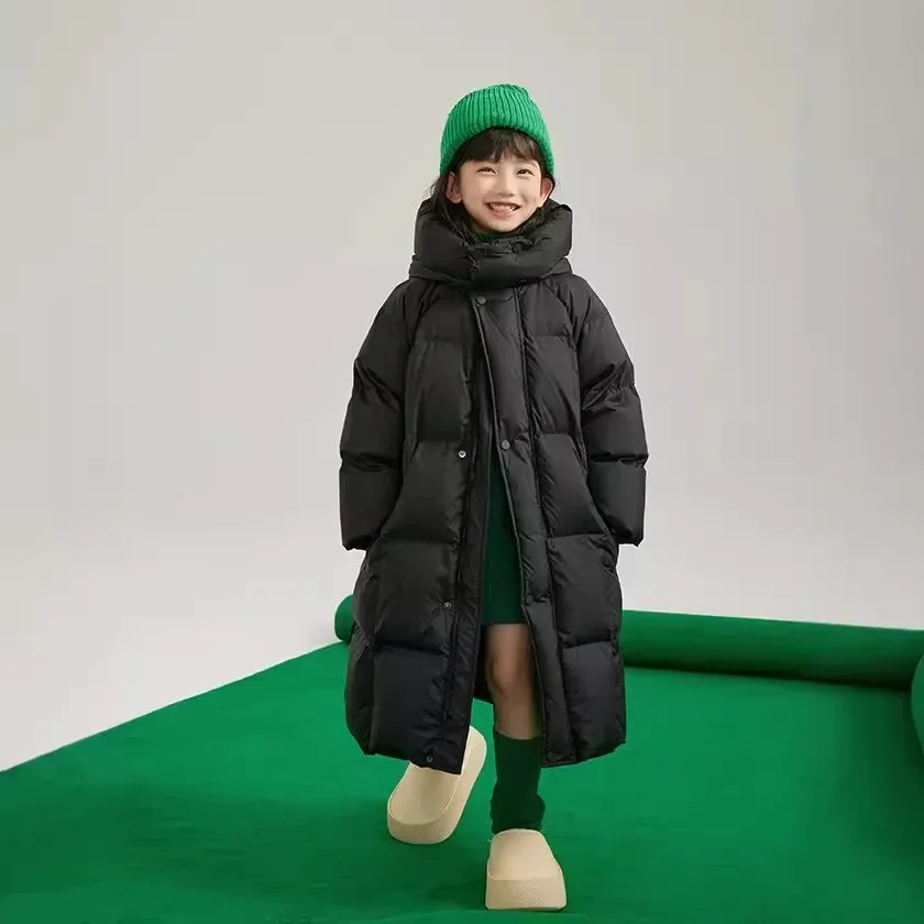 Girls Boys Long Down Padded Jacket Hooded Medium Children Korean Version Foreign Style Solid Color Casual Padded Jacket Baby